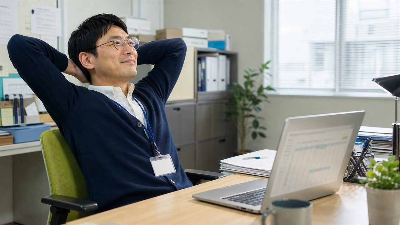 同じ福祉の管理者が明るい事務所でシフト作成業務から解放され伸びをしている様子