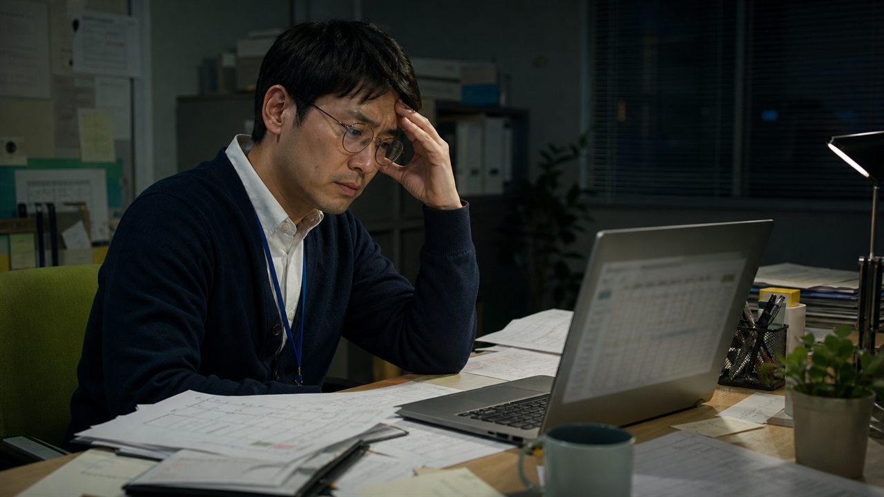 福祉の管理者が夜の事務所でパソコンを見ながらシフト作成に悩んでいる様子